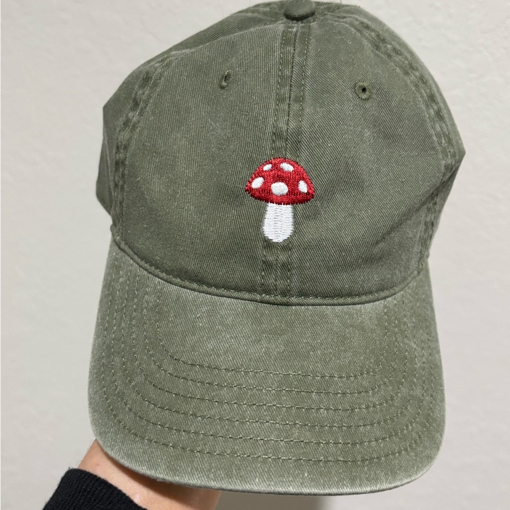 Green Cap with Red Mushroom Embroidery